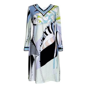 Emilio Pucci Green Blue White Silk Long Sleeve Geometric Print Mini Dress 38 4